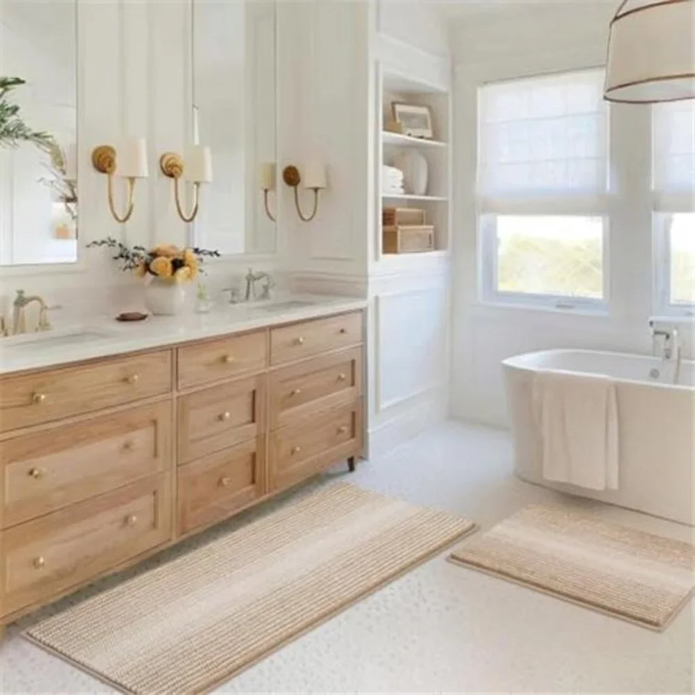 Beige Chenille Bath Rug Set Non Slip Absorbent Bathroom Mats